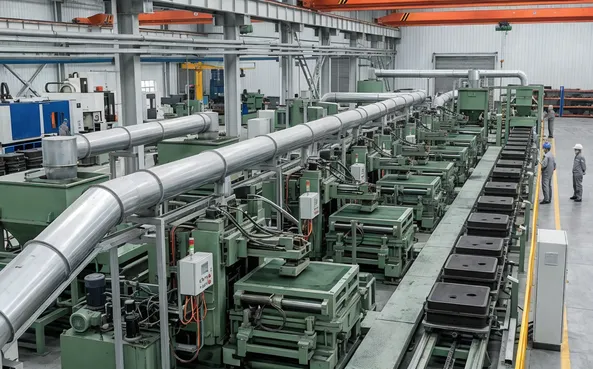 Automatic flaskless clay sand processing line with parallel molding stations and enclosed sand conveyors