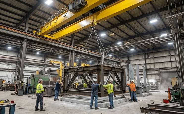 5-ton crane positioning the base frame of a vertical flaskless clay sand processing system in a foundry facility with adequate ceiling clearance