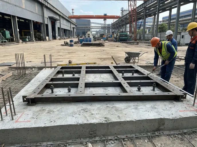 M24 anchor bolt template positioned on concrete foundation for vertical flaskless molding line base frame installation