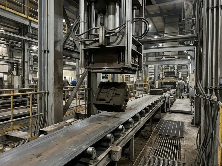 Gravity-assisted sand flow in vertical flaskless molding — finished mold dropping from compaction chamber to transfer conveyor