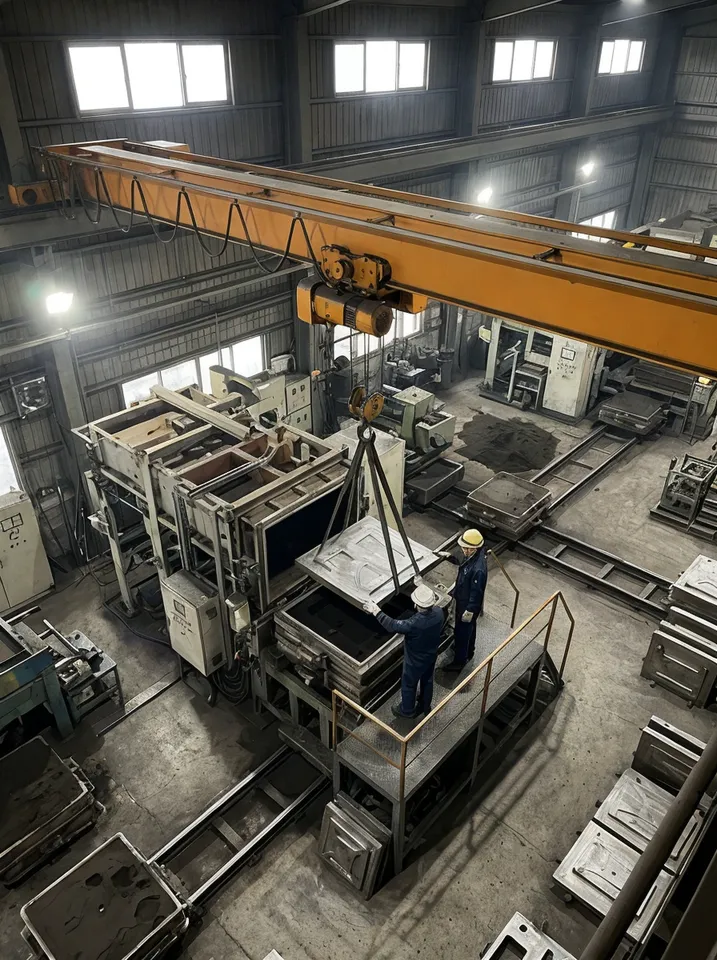 Overhead crane positioned at vertical flaskless mold station area for pattern changes and maintenance lifts