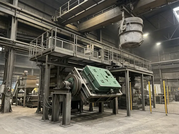 Vertical flaskless mold rotating to horizontal at 2.3m height beneath existing overhead ladle crane and pouring platform