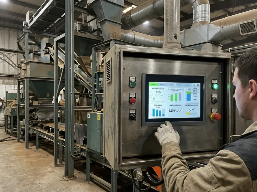 PLC control panel with 10-inch HMI touchscreen displaying real-time process parameters on a vertical flaskless clay sand processing line