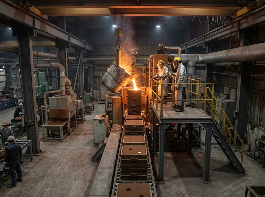 Elevated pouring station at 2.0-2.5m height aligned with vertical flaskless mold assembly level