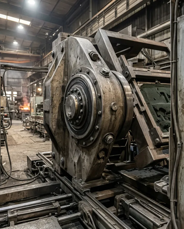 Close-up of the sealed rotation bearing mechanism that transitions molds from vertical molding position to horizontal pouring orientation
