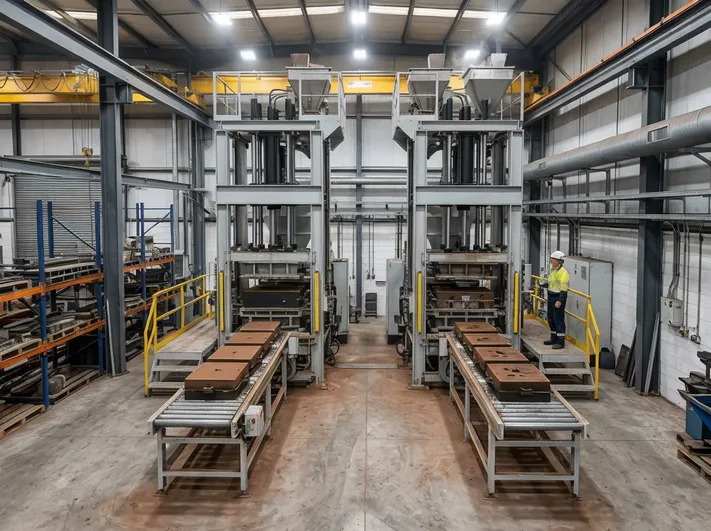 Two vertical flaskless molding systems installed side-by-side in a compact 16m × 6m foundry bay, demonstrating space-efficient capacity expansion