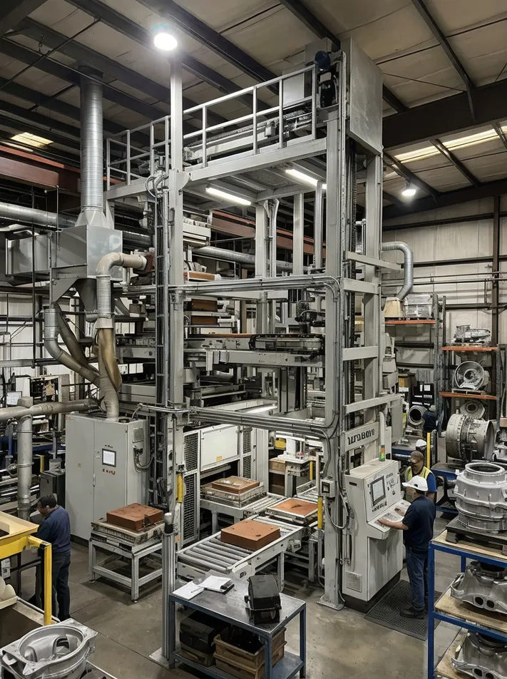 Vertical flaskless clay sand processing line installed in a compact aerospace foundry, demonstrating 48 m² floor footprint efficiency