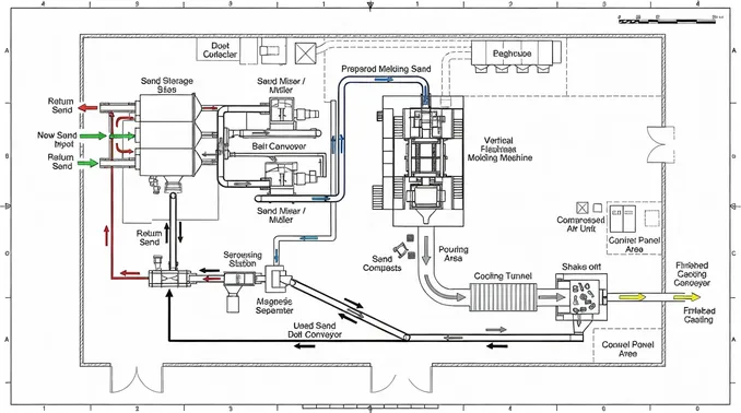 Sample vertical flaskless system layout drawing showing equipment footprint and conveyor routing