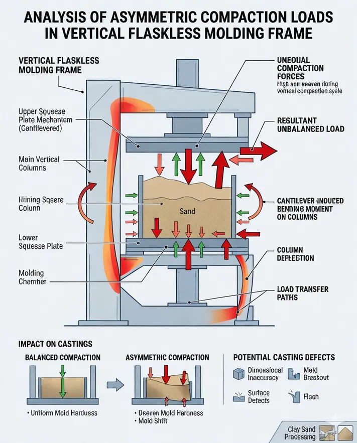 Diagram showing asymmetric compaction loads on a vertical flaskless molding frame, with force vectors indicating how the cantilevered mold station transfers load to the main vertical columns