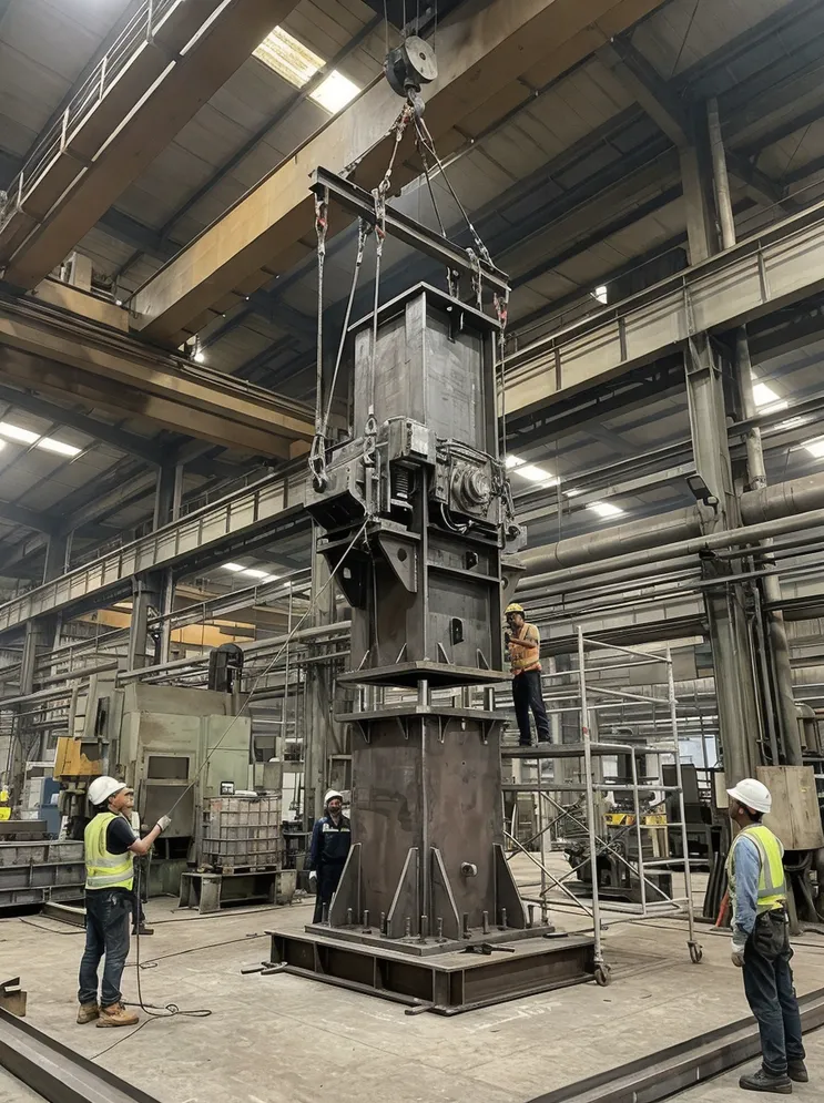 Vertical flaskless clay sand processing line frame sections being rigged into position during installation, showing the upper column assembly lifted above the lower section with overhead crane