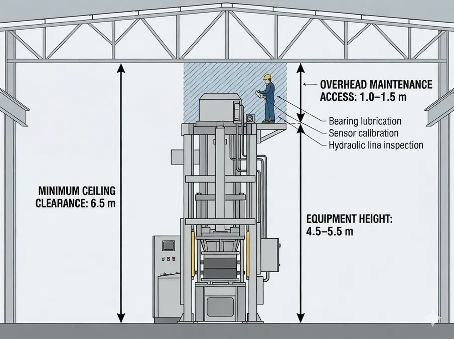Vertical flaskless molding system stack height diagram showing 4.5–5.5 m equipment height plus 1.0–1.5 m overhead maintenance access within 6.5 m minimum ceiling clearance