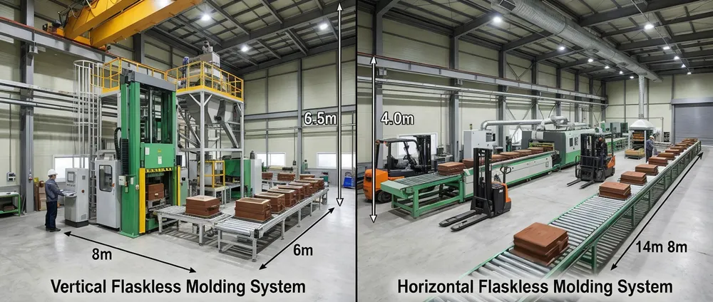 Side-by-side comparison of vertical flaskless molding system (8m × 6m footprint, 6.5m ceiling) versus horizontal flaskless molding system (14m × 8m footprint, 4.0m ceiling)