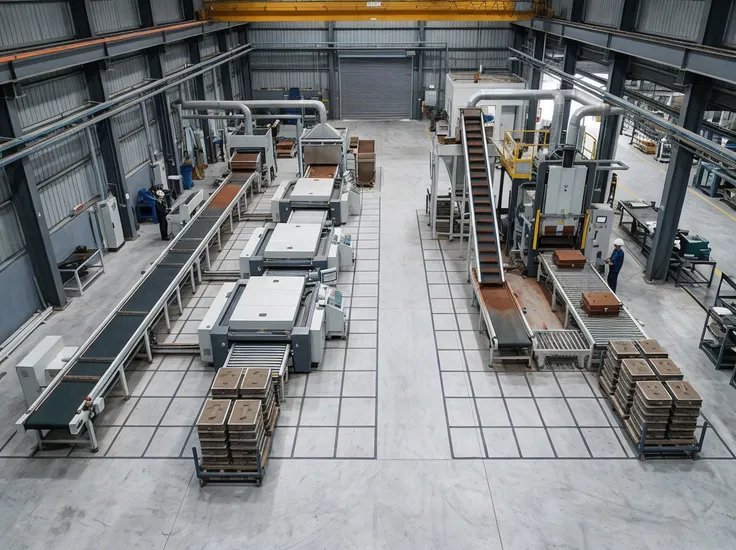 Floor space comparison — vertical flaskless line (8m × 6m) vs. horizontal flaskless line (14m × 8m) at equivalent 120 molds/hour output