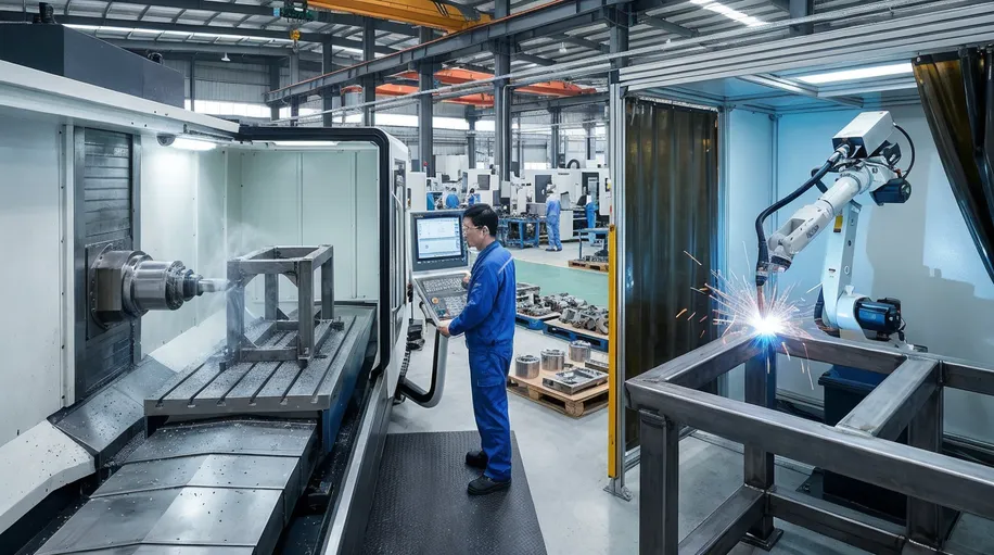 CNC machining centers holding ±0.05mm tolerances and robotic welding for uniform structural joints