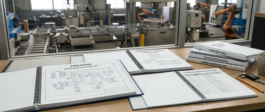 English-language technical manuals with wiring diagrams, maintenance schedules, and troubleshooting flowcharts