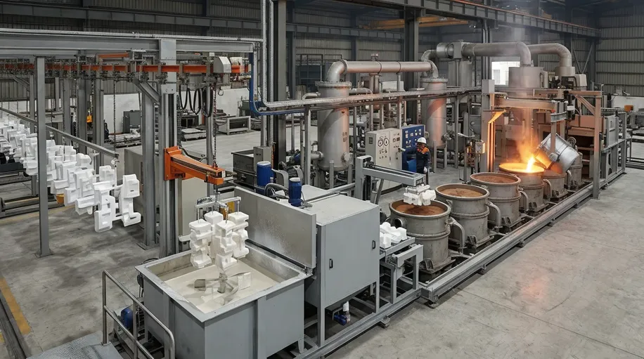 Lost foam casting line with vacuum system, coating equipment, and pattern handling