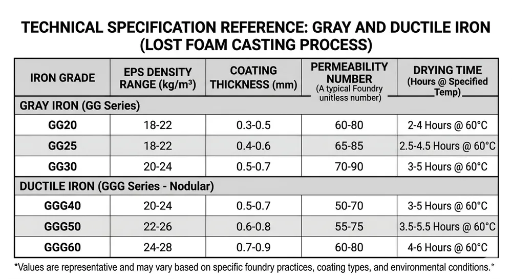 Reference table showing coating thickness and permeability parameters for gray iron and ductile iron lost foam casting
