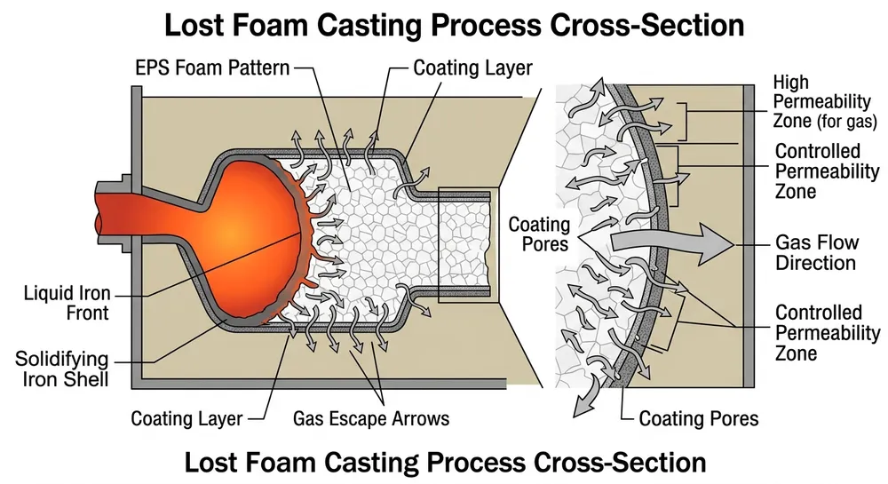 Cross-section diagram showing gas escape through coating layer during lost foam casting process