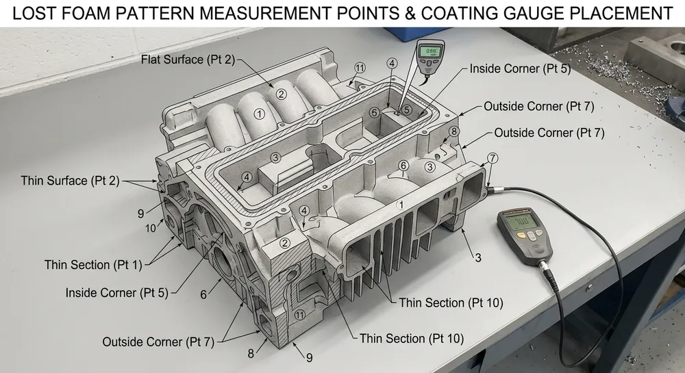 Diagram showing measurement points for coating thickness verification on lost foam patterns