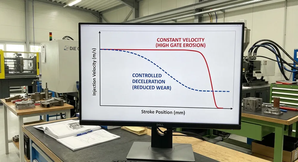Die casting shot velocity profile showing controlled deceleration to reduce gate erosion