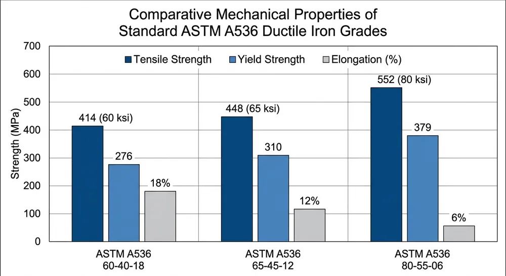 ASTM A536 ductile iron grade comparison chart showing tensile strength, yield strength, and elongation requirements