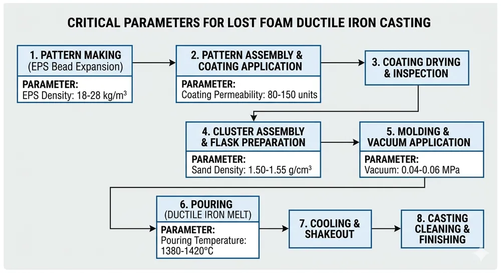 Lost foam casting process control parameters for ASTM ductile iron showing vacuum pressure, coating thickness, and temperature ranges