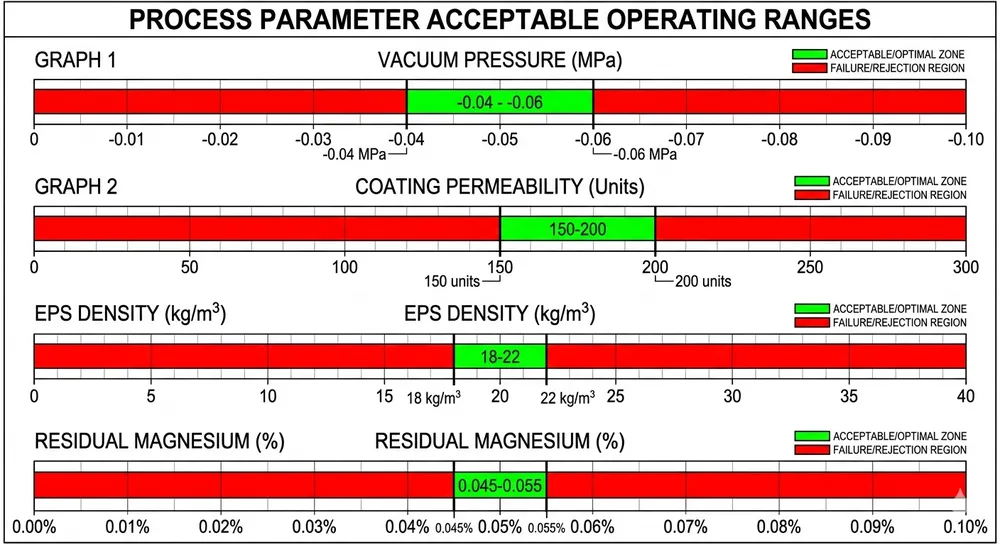 Lost Foam Ductile Iron Process Control Window Process control window chart showing vacuum pressure, coating permeability, and magnesium residual ranges for consistent ductile iron nodularity in lost foam casting