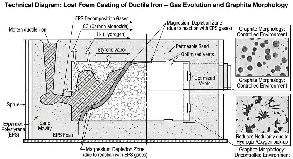 Diagram showing how EPS decomposition gases interfere with magnesium nodularization in lost foam ductile iron casting