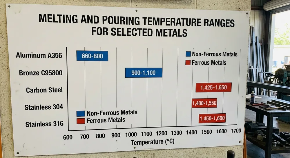 Investment casting temperature ranges for ferrous and non-ferrous alloys showing melting and pouring temperatures