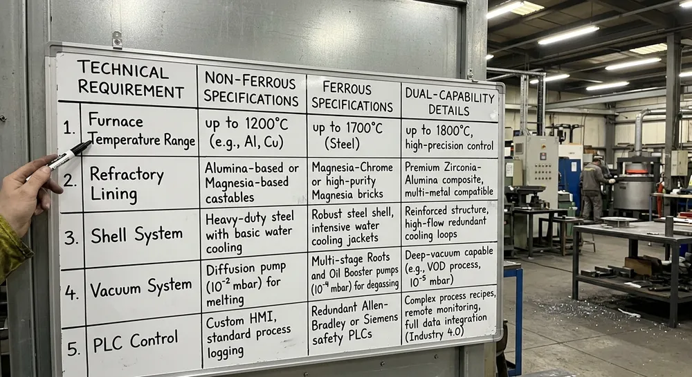 Specification checklist for dual-alloy investment casting machines showing temperature ranges and system requirements