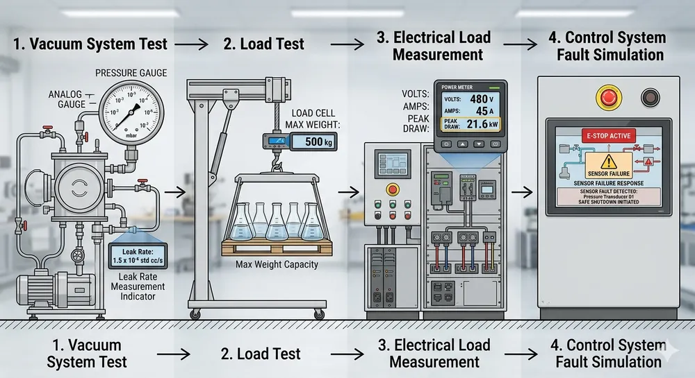 Factory Audit Specification Verification Process Factory audit verification process for investment casting machine specifications showing vacuum test, load test, and electrical measurement