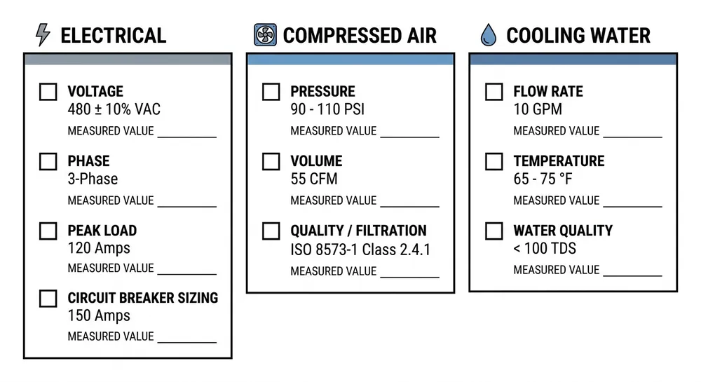 Utility Requirements Verification Checklist Utility requirements checklist for investment casting machine installation showing electrical, compressed air, and cooling water specifications