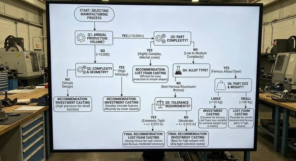 Investment vs Lost Foam Process Selection Decision Tree Decision flowchart for selecting investment casting vs lost foam casting based on annual volume, part complexity, alloy type, and tolerance requirements
