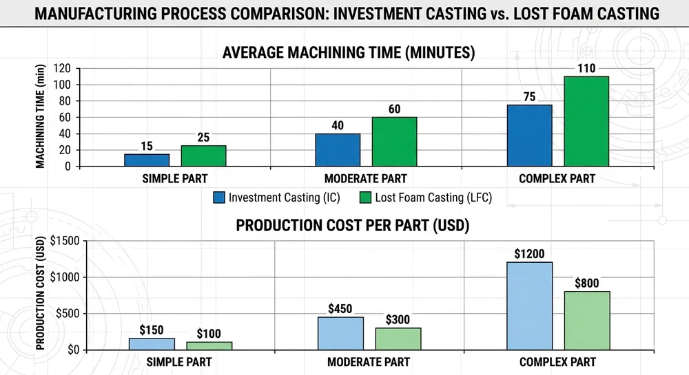 Post-Casting Machining Cost by Part Complexity Machining cost comparison between investment casting and lost foam casting showing time and cost differences across simple, moderate, and complex part geometries