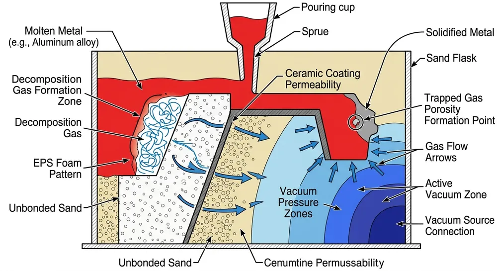 Cross-section diagram showing gas entrapment mechanism in lost foam casting with insufficient vacuum pressure