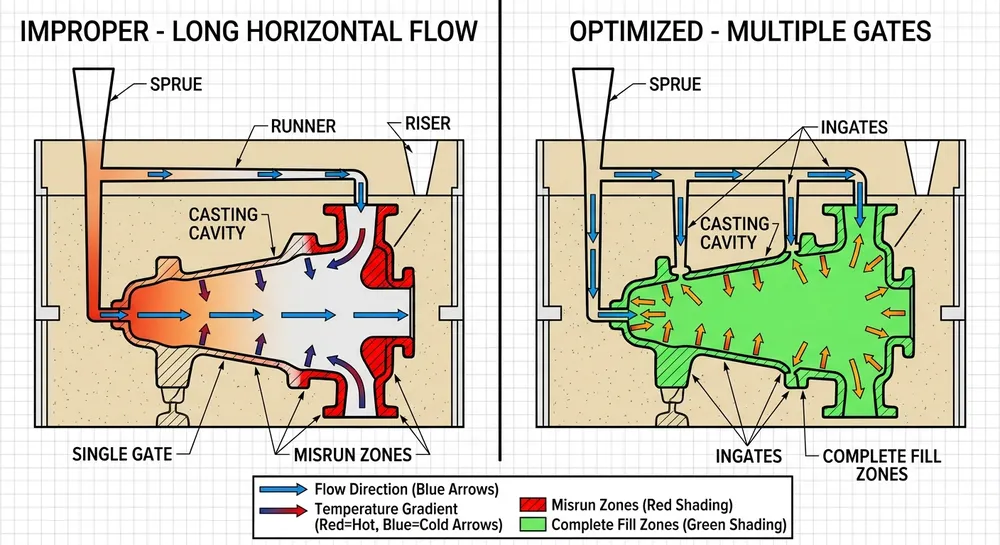 Gating Design for Misrun Prevention Gating system design comparison showing proper vs improper metal flow paths to prevent misruns in lost foam casting