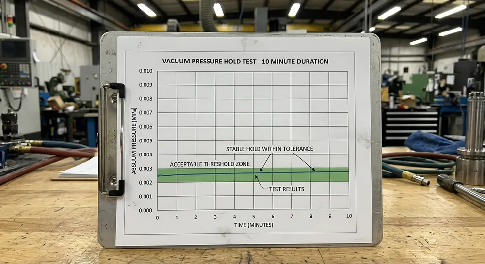 Lost foam casting vacuum pressure hold test chart showing acceptable leak rate over time