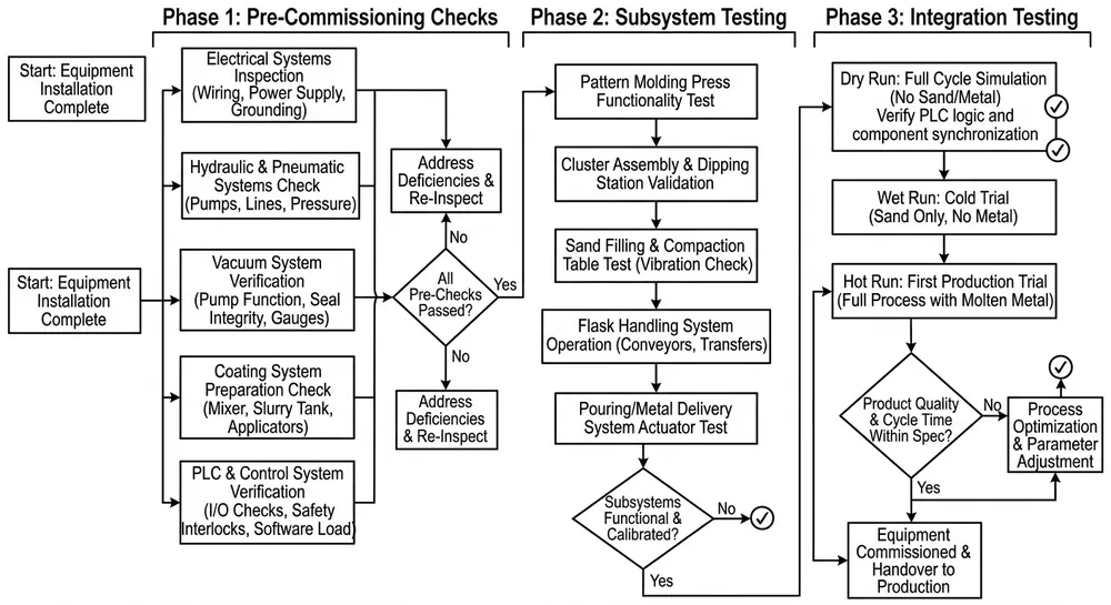 Lost foam casting equipment commissioning workflow diagram showing pre-check, subsystem testing, and integration sequence