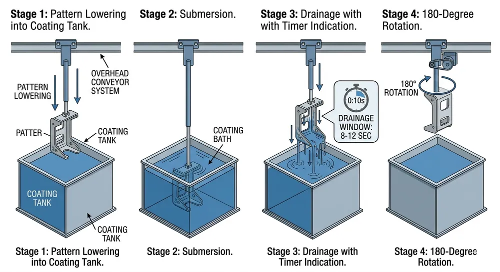 Step-by-step sequence showing EPS foam pattern dipping, drainage, and rotation to prevent dripping during lost foam coating application
