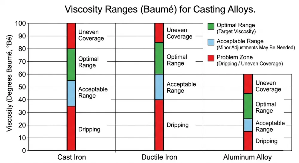 Lost foam casting coating viscosity ranges in Baumé for cast iron, ductile iron, and aluminum alloys