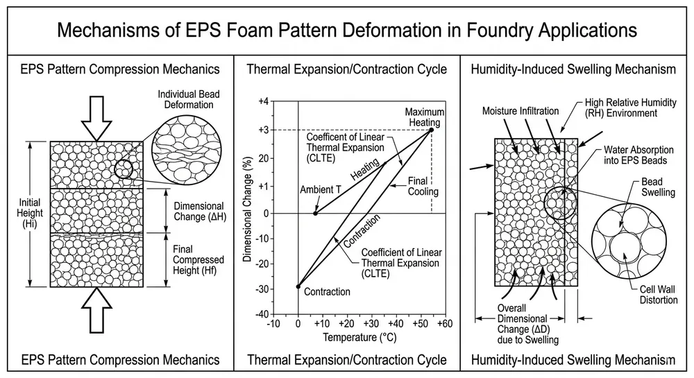 Diagram showing three main causes of EPS foam pattern deformation in lost foam casting storage