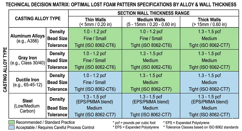 EPS foam pattern specification selection matrix for lost foam casting by alloy type and wall thickness