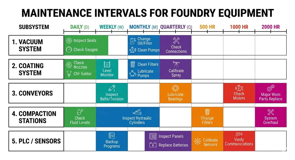 Preventive maintenance schedule intervals for lost foam casting equipment subsystems