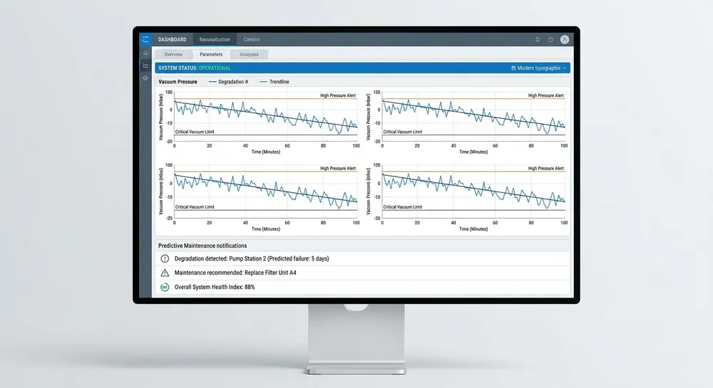 Remote diagnostics dashboard showing vacuum pressure trends and predictive maintenance alerts for lost foam casting equipment