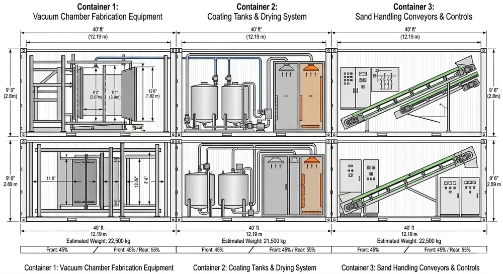 Lost foam casting machinery container loading breakdown showing equipment distribution across 40HQ containers