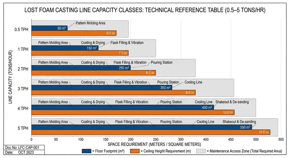 Lost foam casting line floor footprint and ceiling height requirements by capacity class from 0.5 to 5 tons per hour