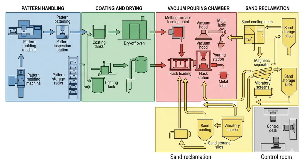 Lost foam casting production line subsystem layout showing pattern handling, coating, vacuum pouring, and sand reclamation zones