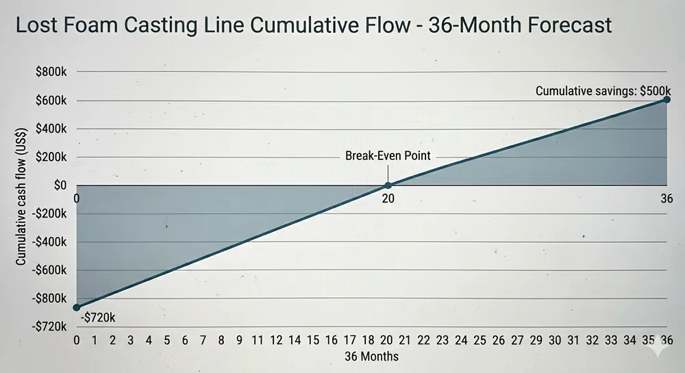 Lost foam casting production line payback period timeline showing capital investment recovery over 30 months for mid-volume foundry