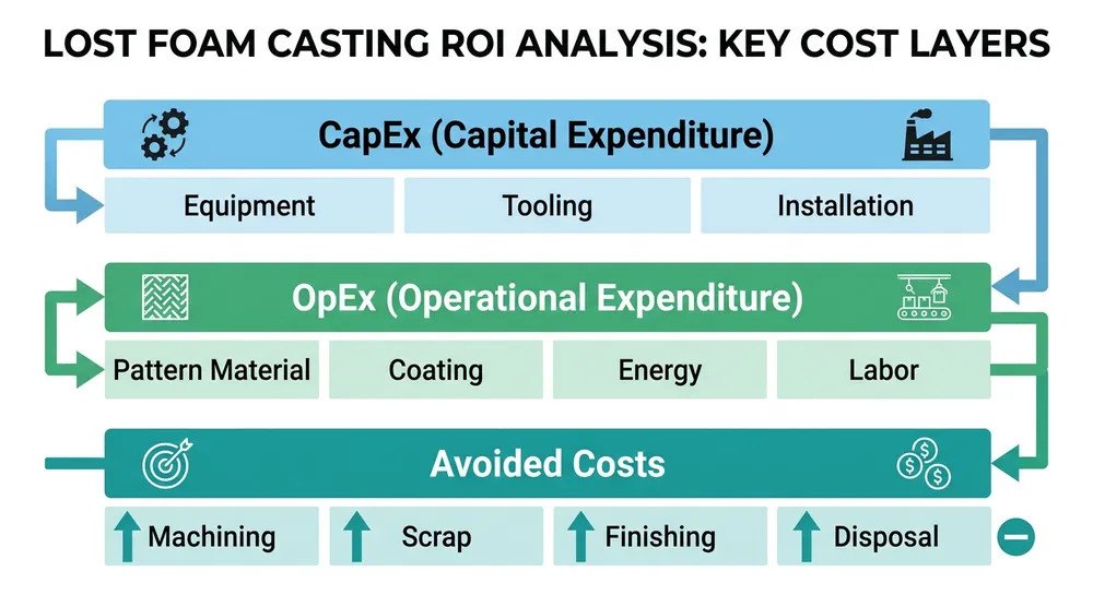 Lost foam casting production line ROI cost structure showing capital expenditure, operating costs, and avoided costs over 5-year period
