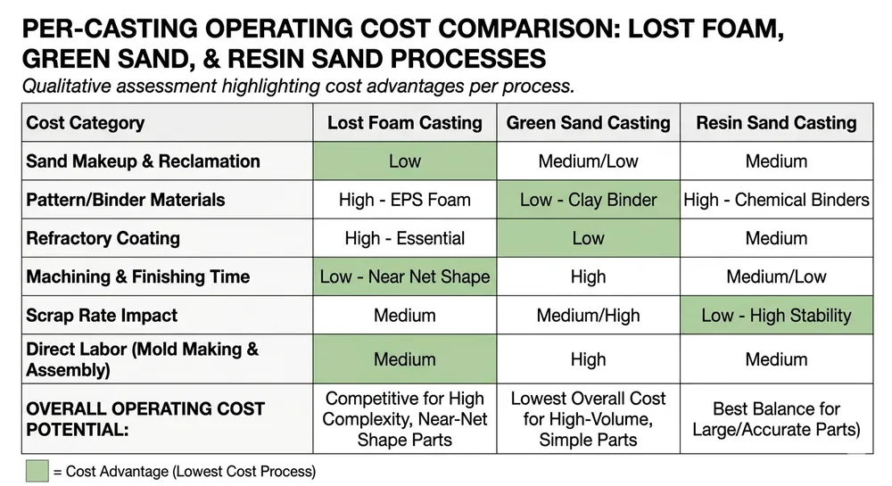 Operating cost comparison table showing lost foam casting vs green sand vs resin sand per-unit costs for mid-volume foundry